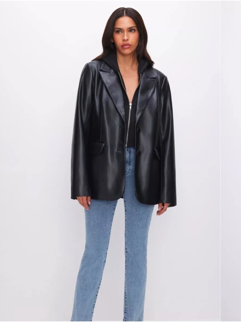 Good American Black Faux Leather Oversized Blazer Jacket